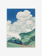 Japanese Train Print depicting a blue train with steam, traveling through green mountains under a bright blue sky with white clouds.