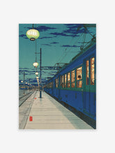 Japanese train station art print at night with blue train, glowing lanterns, and tracks under a dark blue sky.