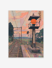 Japanese train station platform with orange lantern, curving railway tracks, and pastel sky at sunset