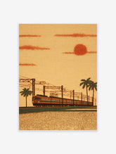 Japanese train moving through a field with palm trees under an orange sunset sky and red sun, in an illustrative art style.