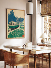 Japanese Train Wall Art showing a green train on tracks in a rural landscape with blue trees and green fields, vintage style. - Image 2