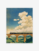 Japanese woodblock style art print of a black steam train with green carriages crossing a stone bridge over a green landscape.