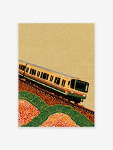 Yellow Japanese commuter train on tracks, ascending a hill with green and orange abstract patterns, cultural train wall art.