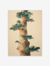 Japanese style watercolor illustration of a tall tree trunk with green leaves and branches on a neutral background, botanical art.