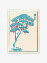 Japanese blue and red illustrative tree art print with stylized branches and foliage on a textured cream background