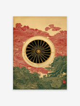 Japanese Turbine Wall Art print with a central black and gold turbine, surrounded by red and green traditional wave patterns.