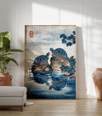 Japanese Turtle Art Poster showing two blue turtles on rocks with reflections in serene blue water and a pine branch. - Image 3