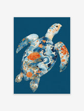 Japanese turtle poster with intricate blue waves, orange floral patterns, and golden outlines on a deep blue background.