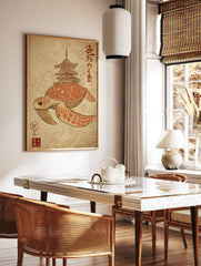 Japanese Turtle Wall Art with an orange sea turtle, a traditional pagoda, and swirling clouds on a vintage-style paper background. - Image 3