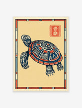 Stylized Japanese turtle wall art print with intricate blue and orange patterns on a cream background, featuring a red stamp.