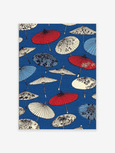 Pattern of traditional Japanese umbrellas in red, white, and light blue on a vibrant deep blue background.