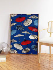 Pattern of traditional Japanese umbrellas in red, white, and light blue on a vibrant deep blue background. - Image 2