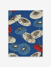 Pattern of traditional Japanese umbrellas in blue, red, and white on a blue background, cultural art print.