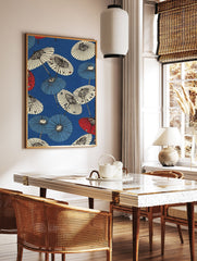 Pattern of traditional Japanese umbrellas in blue, red, and white on a blue background, cultural art print. - Image 3