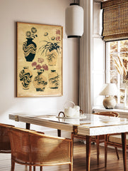 Japanese vase illustration art print with chrysanthemum flowers, bamboo, and kanji text on a, in a styled room mockup