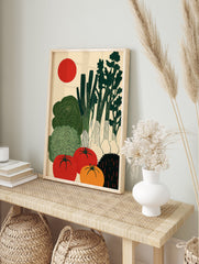 Japanese style vegetable poster featuring green cabbage, broccoli, spring onions, red tomatoes, and an orange tomato under a red sun. - Image 4