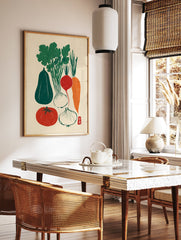 Japanese vegetable poster with a green gourd, leafy greens, white onions, red radish, orange carrot, and red tomato. - Image 2