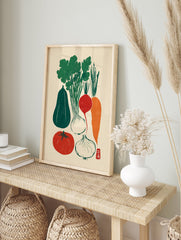Japanese vegetable poster with a green gourd, leafy greens, white onions, red radish, orange carrot, and red tomato. - Image 4