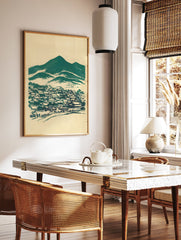 Japanese village and mountains art print in teal and beige, featuring traditional houses and small figures in a woodblock style. - Image 2