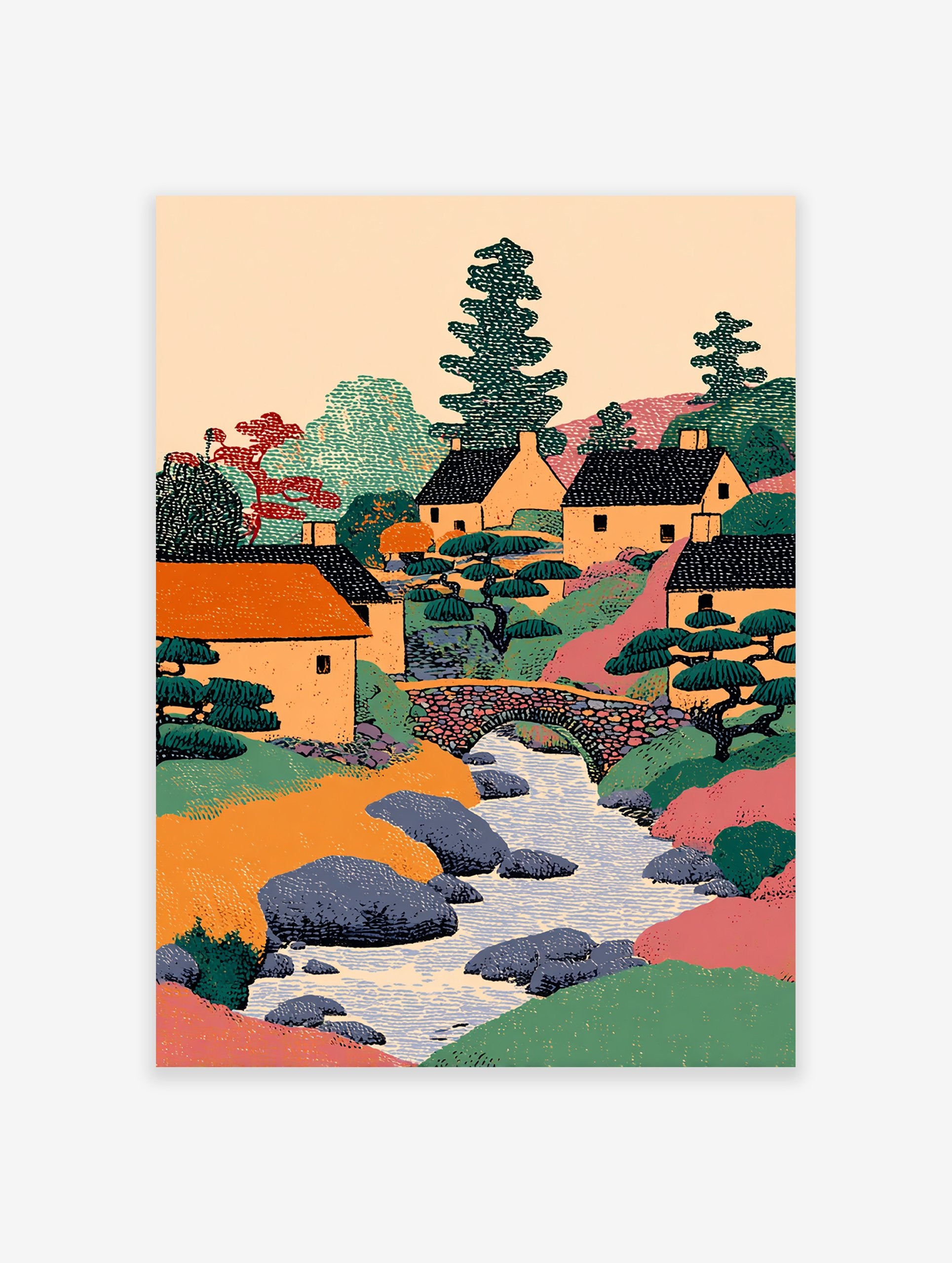Illustrative Japanese village wall art showing houses, a river, stone bridge, and trees in a colorful landscape print.