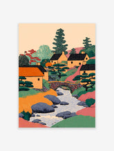 Illustrative Japanese village wall art showing houses, a river, stone bridge, and trees in a colorful landscape print.