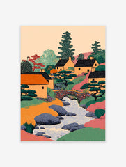 Illustrative Japanese village wall art showing houses, a river, stone bridge, and trees in a colorful landscape print.