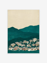 Ukiyo-e style Japanese village art print with glowing houses, dark teal mountains, and a light cream sky.