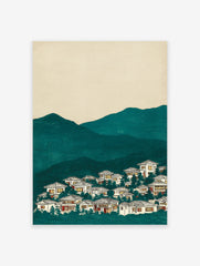 Ukiyo-e style Japanese village art print with glowing houses, dark teal mountains, and a light cream sky.