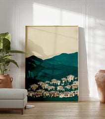 Ukiyo-e style Japanese village art print with glowing houses, dark teal mountains, and a light cream sky. - Image 3