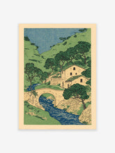 Japanese village scene art print with river, stone bridge, houses, green hills, and trees under a blue sky.