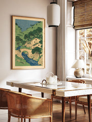 Japanese village scene art print with river, stone bridge, houses, green hills, and trees under a blue sky. - Image 2