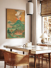 Japanese volcano eruption poster with green mountains, traditional buildings, and golden sky. - Image 2