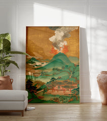 Japanese volcano eruption poster with green mountains, traditional buildings, and golden sky. - Image 3