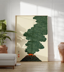 Japanese volcano eruption poster with deep green smoke and bright orange lava, featuring black Japanese characters on a cream background. - Image 3