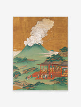 Traditional Japanese volcano temple poster depicting an erupting mountain, a red temple with people, and a lush green landscape.