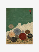 Japanese wall art print with abstract multi-colored spiky flowers, swirling clouds, green sky, and wavy ground.