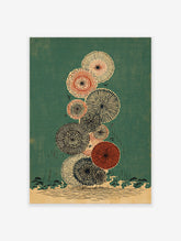 Japanese wall art print with stacked abstract circular botanical forms in off-white, black, and red on a teal green background.