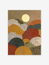 Abstract Japanese wall art featuring a textured golden sun, stylized mountains in red, gold, blue, and white, with wavy patterns.
