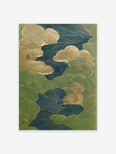Abstract Japanese wall art print with stylized blue and green waves and golden concentric lines