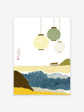 Japanese landscape wall art with hanging lanterns, traditional seigaiha ocean waves, and a building on a hill.