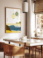 Japanese landscape wall art with hanging lanterns, traditional seigaiha ocean waves, and a building on a hill. - Image 2