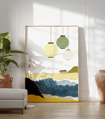 Japanese landscape wall art with hanging lanterns, traditional seigaiha ocean waves, and a building on a hill. - Image 3