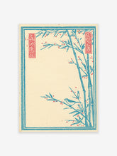 Japanese bamboo wall art print with a bird and red berries in teal and red, on a cream background, in a traditional style.