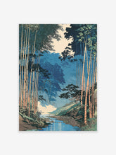Japanese woodblock style art print of a serene bamboo forest with a river flowing through it, featuring blue and green tones.