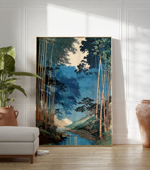 Japanese woodblock style art print of a serene bamboo forest with a river flowing through it, featuring blue and green tones. - Image 3