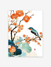 Japanese wall art print of a blue and orange bird on a flowering branch with vibrant orange blossoms and teal leaves.