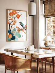 Japanese wall art print of a blue and orange bird on a flowering branch with vibrant orange blossoms and teal leaves. - Image 2