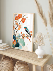 Japanese wall art print of a blue and orange bird on a flowering branch with vibrant orange blossoms and teal leaves. - Image 3