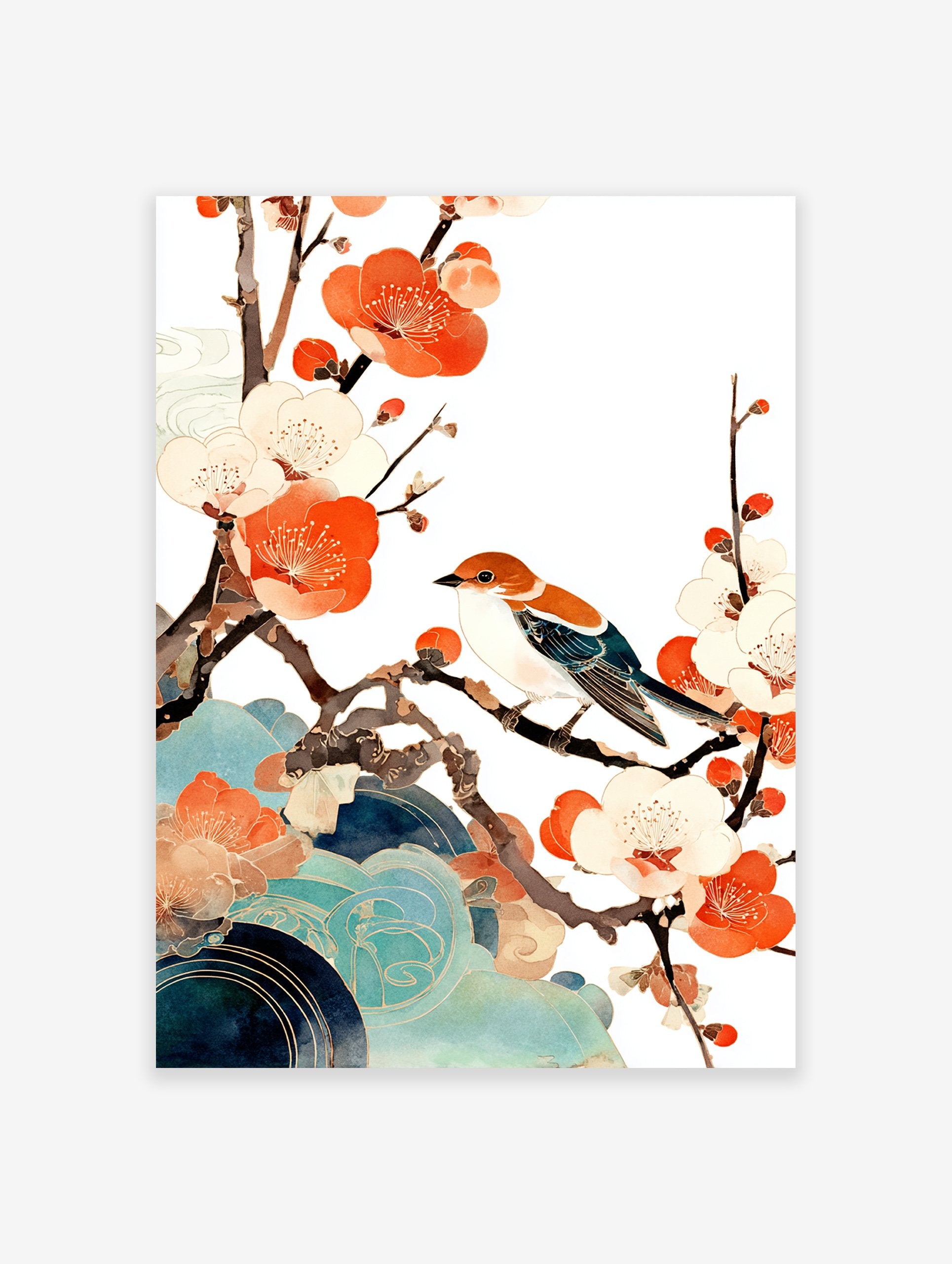 Japanese wall art illustration of a brown and blue bird perched on a branch with orange and white plum blossoms and teal clouds.