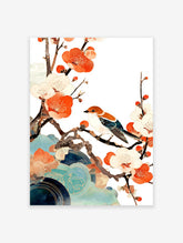 Japanese wall art illustration of a brown and blue bird perched on a branch with orange and white plum blossoms and teal clouds.